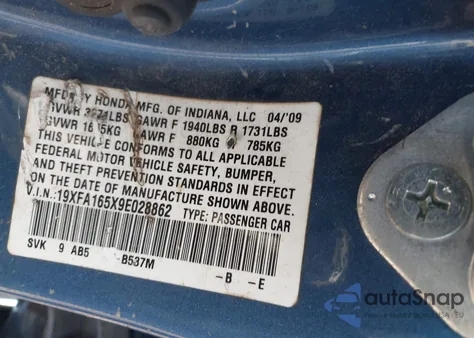 2009 Honda Civic Lx из США, поврежденный, VIN 19XFA165X9E028862